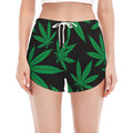 Green And Black Cannabis Leaf Print Women's Split Running Shorts