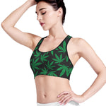 Green And Black Cannabis Leaf Print Women's Sports Bra