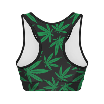 Green And Black Cannabis Leaf Print Women's Sports Bra