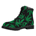 Green And Black Cannabis Leaf Print Padded Collar Lace Up Boots