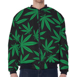 Green And Black Cannabis Leaf Print Zip Sleeve Bomber Jacket