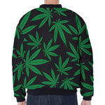 Green And Black Cannabis Leaf Print Zip Sleeve Bomber Jacket