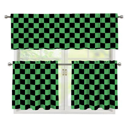 Green And Black Checkered Pattern Print 3 Piece Kitchen Curtains