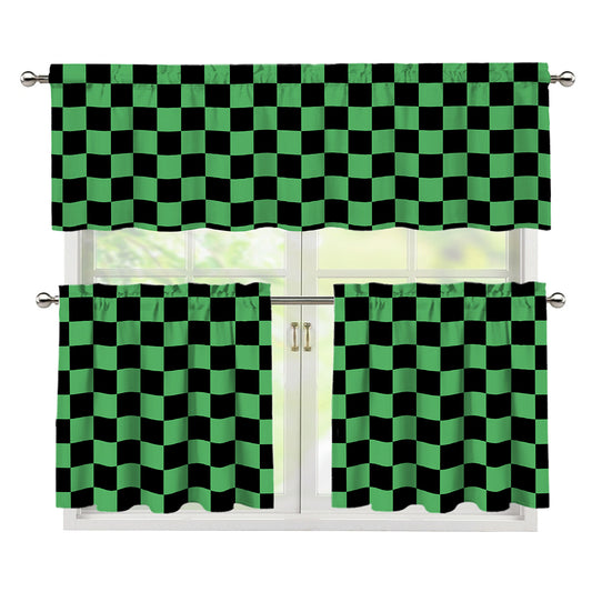 Green And Black Checkered Pattern Print 3 Piece Kitchen Curtains
