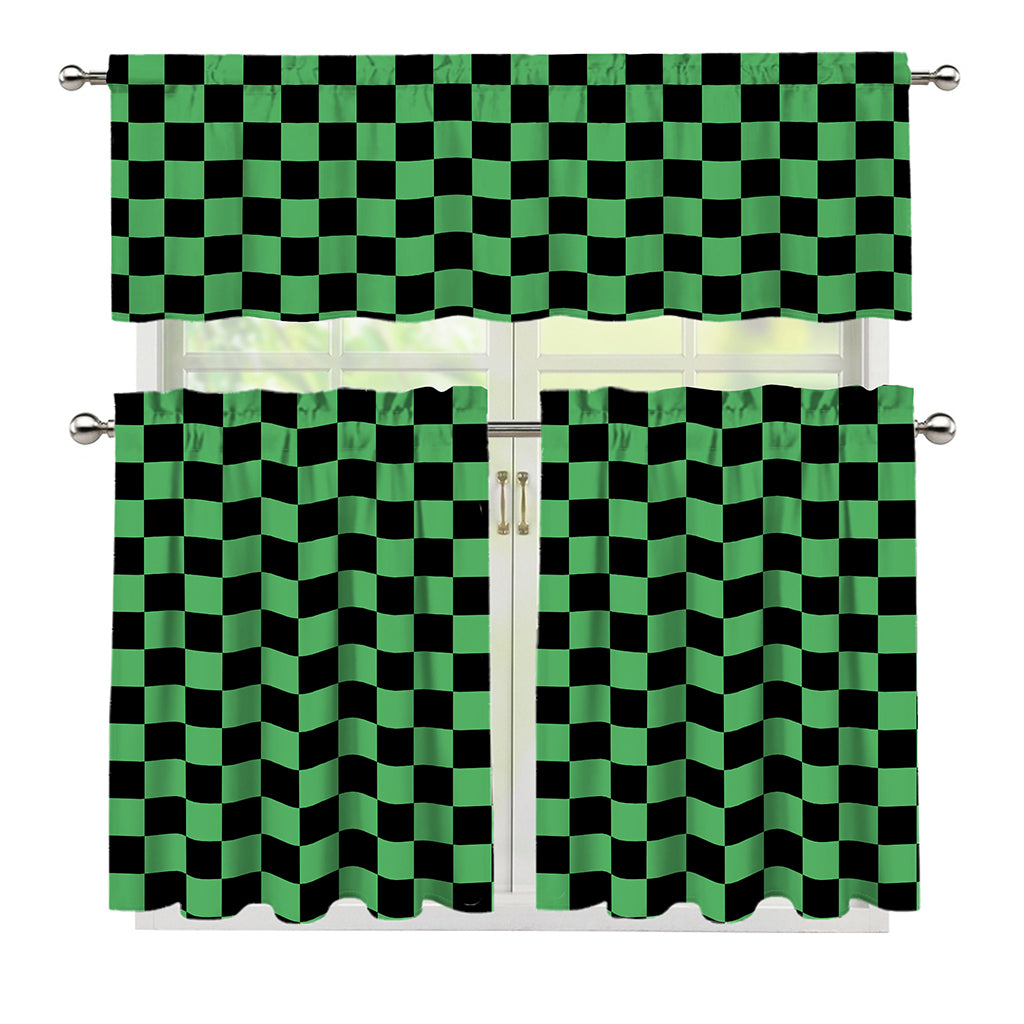 Green And Black Checkered Pattern Print 3 Piece Kitchen Curtains