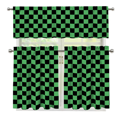 Green And Black Checkered Pattern Print 3 Piece Kitchen Curtains