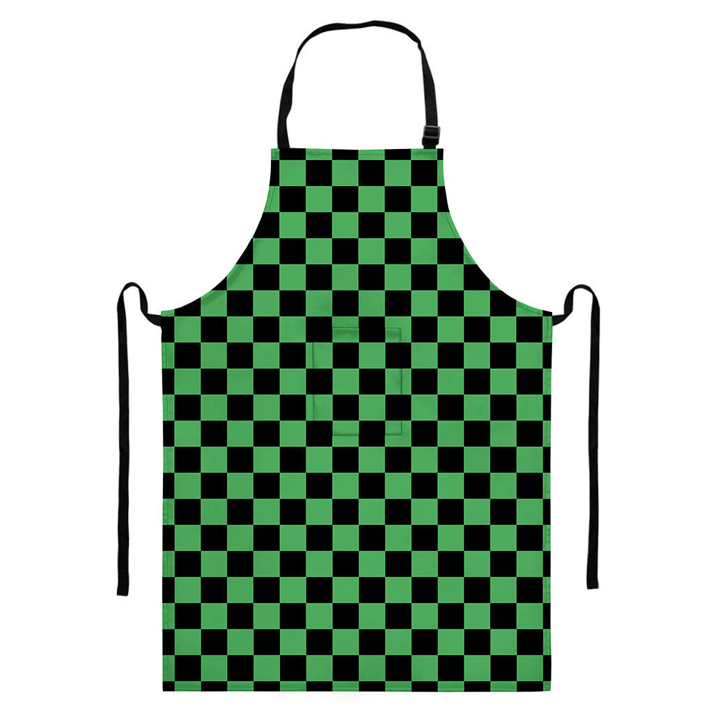 Green And Black Checkered Pattern Print Bib Apron With Pocket