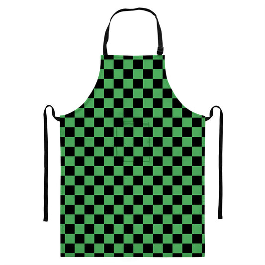Green And Black Checkered Pattern Print Bib Apron With Pocket