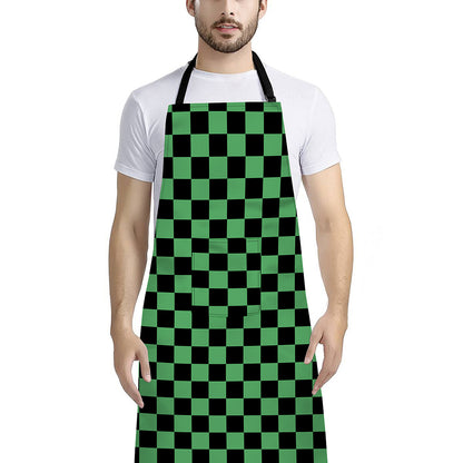 Green And Black Checkered Pattern Print Bib Apron With Pocket