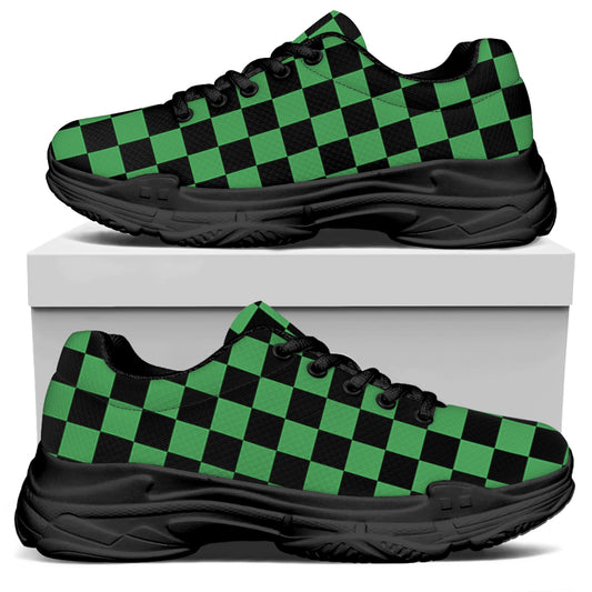 Green And Black Checkered Pattern Print Black Chunky Shoes