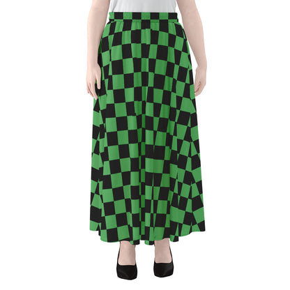 Green And Black Checkered Pattern Print Chiffon Maxi Skirt
