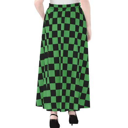 Green And Black Checkered Pattern Print Chiffon Maxi Skirt