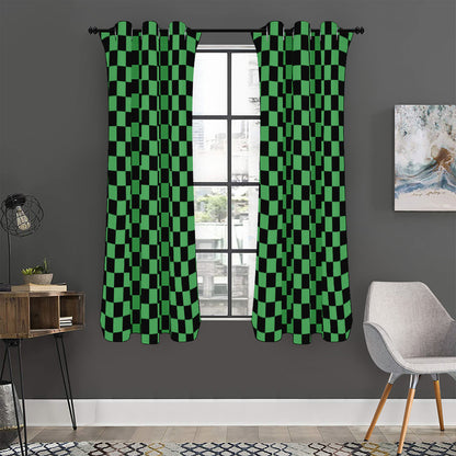 Green And Black Checkered Pattern Print Curtain