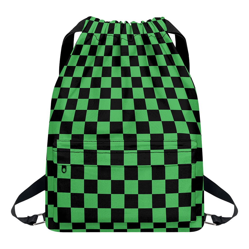 Green And Black Checkered Pattern Print Drawstring Backpack
