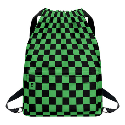 Green And Black Checkered Pattern Print Drawstring Backpack