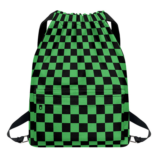 Green And Black Checkered Pattern Print Drawstring Backpack