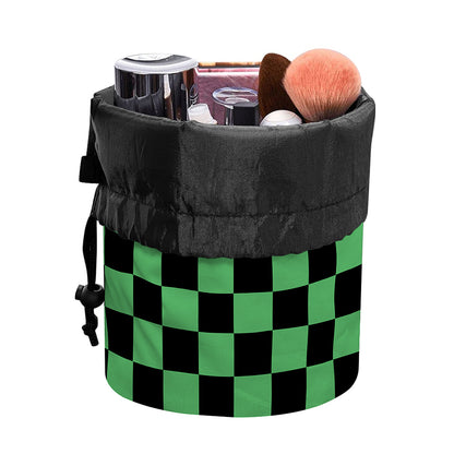 Green And Black Checkered Pattern Print Drawstring Makeup Bag