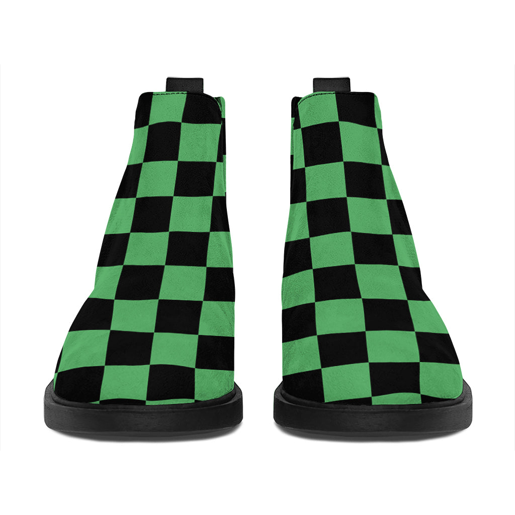 Green And Black Checkered Pattern Print Flat Ankle Boots
