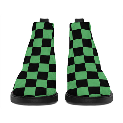 Green And Black Checkered Pattern Print Flat Ankle Boots