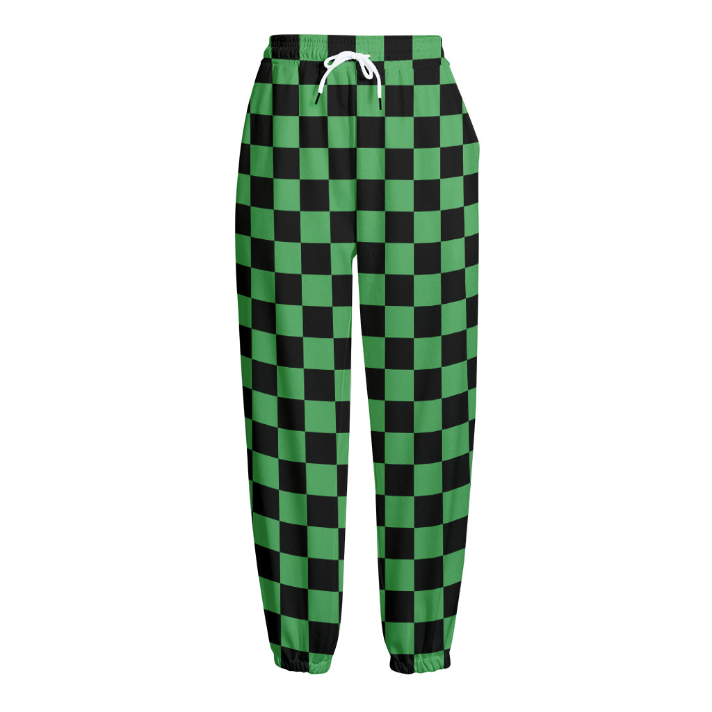 Green And Black Checkered Pattern Print Fleece Lined Knit Pants