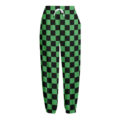 Green And Black Checkered Pattern Print Fleece Lined Knit Pants