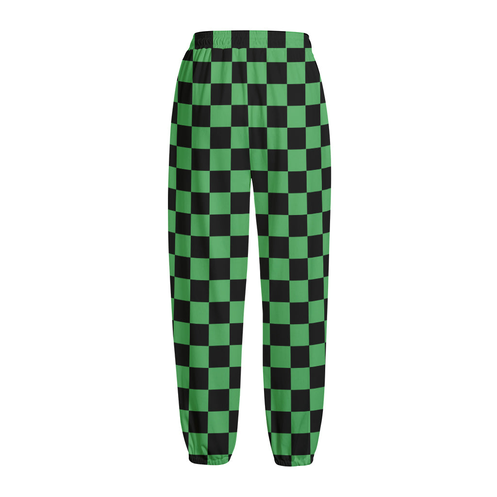 Green And Black Checkered Pattern Print Fleece Lined Knit Pants