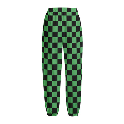 Green And Black Checkered Pattern Print Fleece Lined Knit Pants