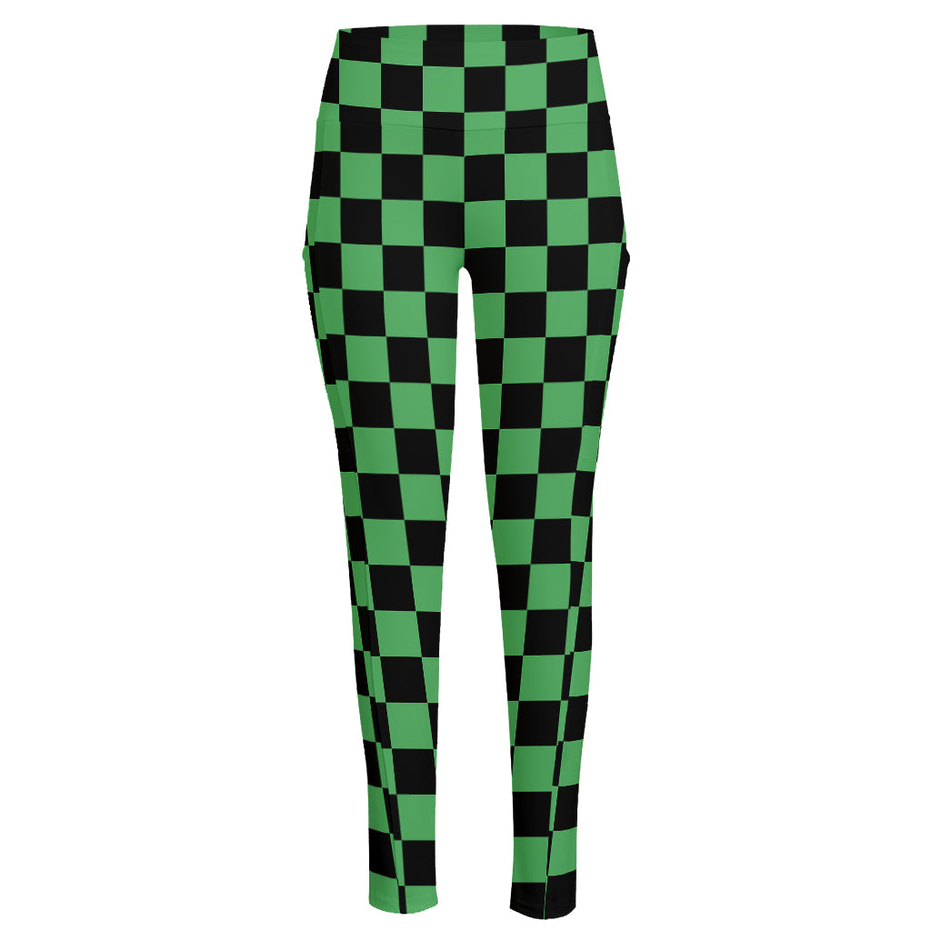 Green And Black Checkered Pattern Print High-Waisted Pocket Leggings