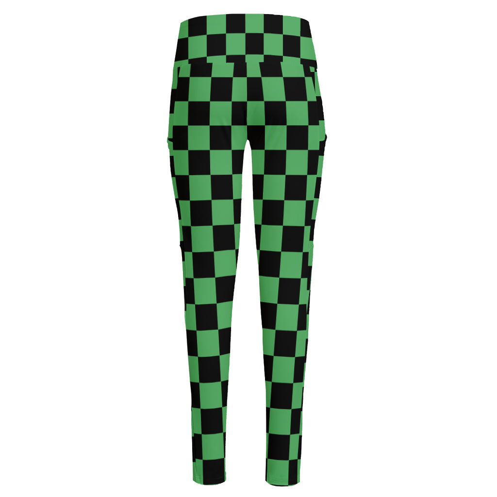 Green And Black Checkered Pattern Print High-Waisted Pocket Leggings