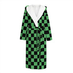 Green And Black Checkered Pattern Print Hooded Bathrobe