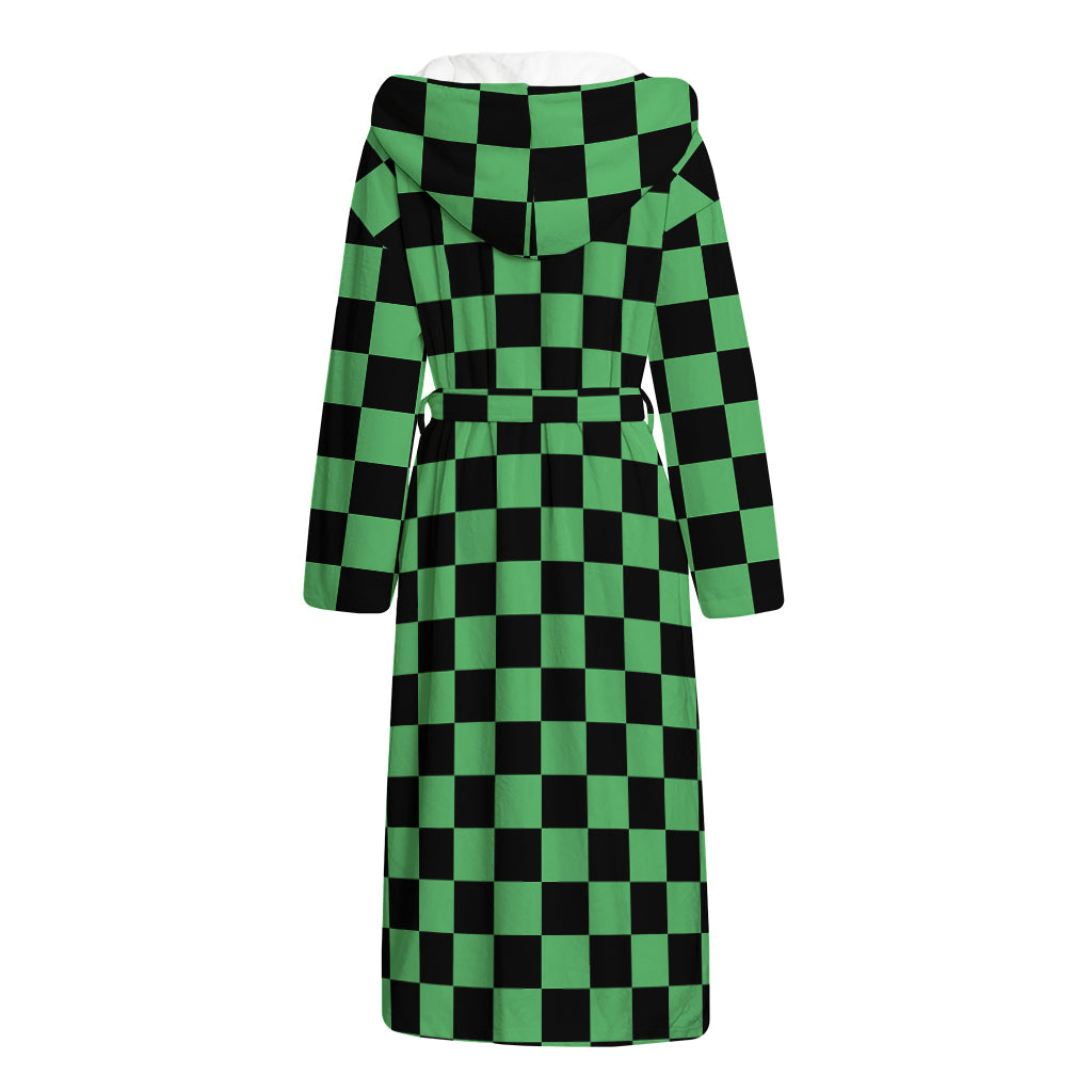 Green And Black Checkered Pattern Print Hooded Bathrobe
