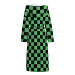 Green And Black Checkered Pattern Print Hooded Bathrobe