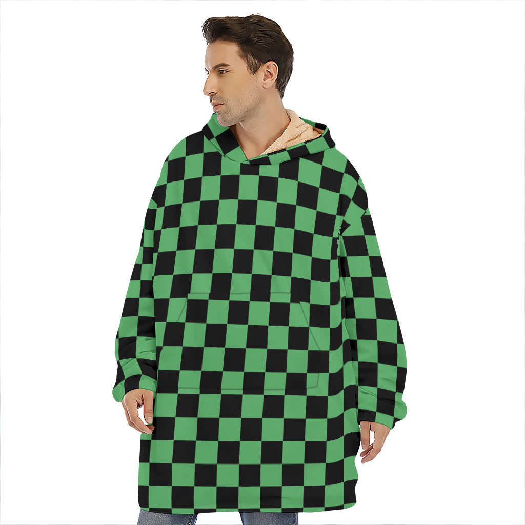 Green And Black Checkered Pattern Print Hoodie Blanket