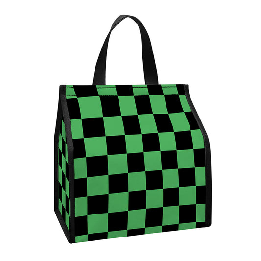 Green And Black Checkered Pattern Print Insulated Lunch Tote