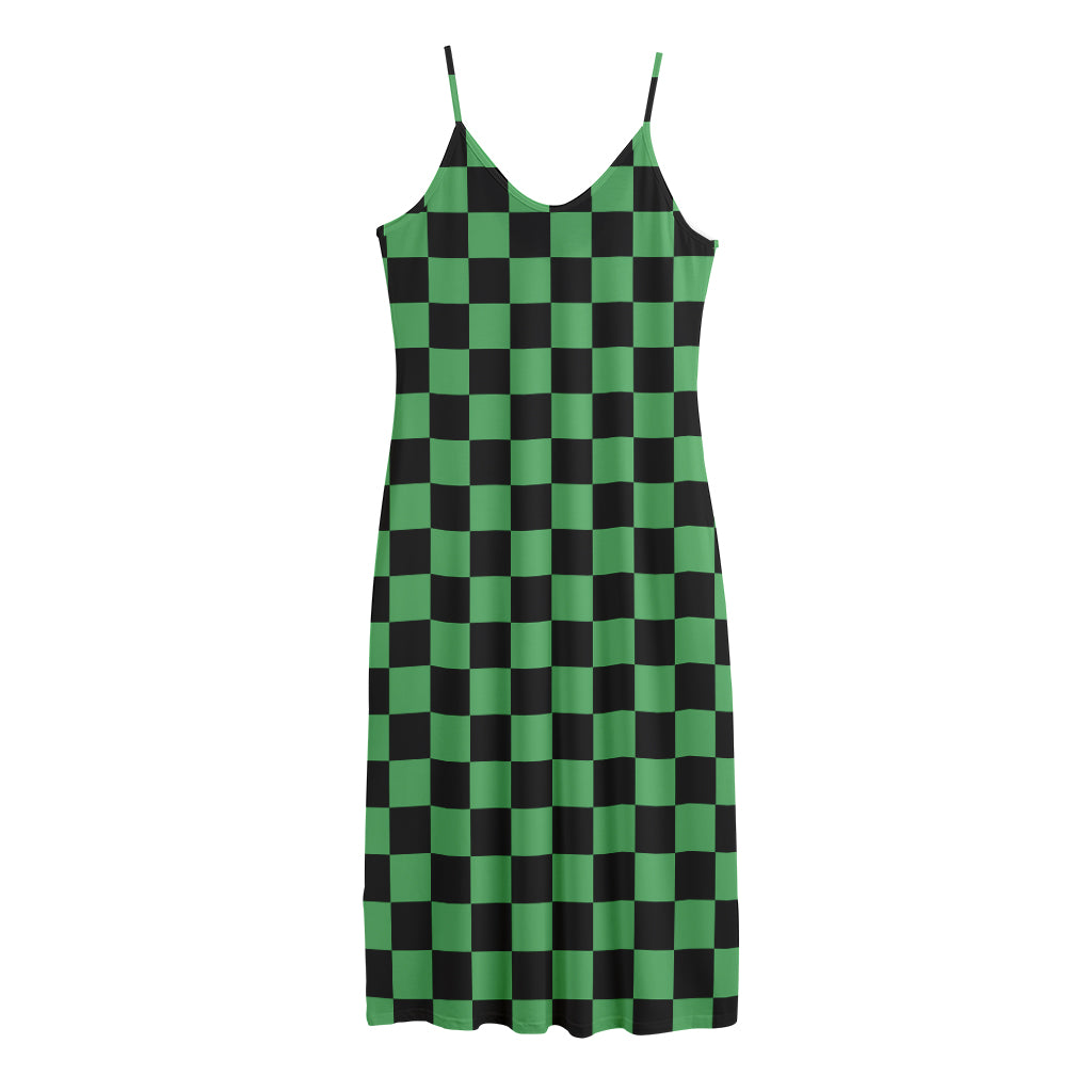 Green And Black Checkered Pattern Print Jersey Midi Cami Dress