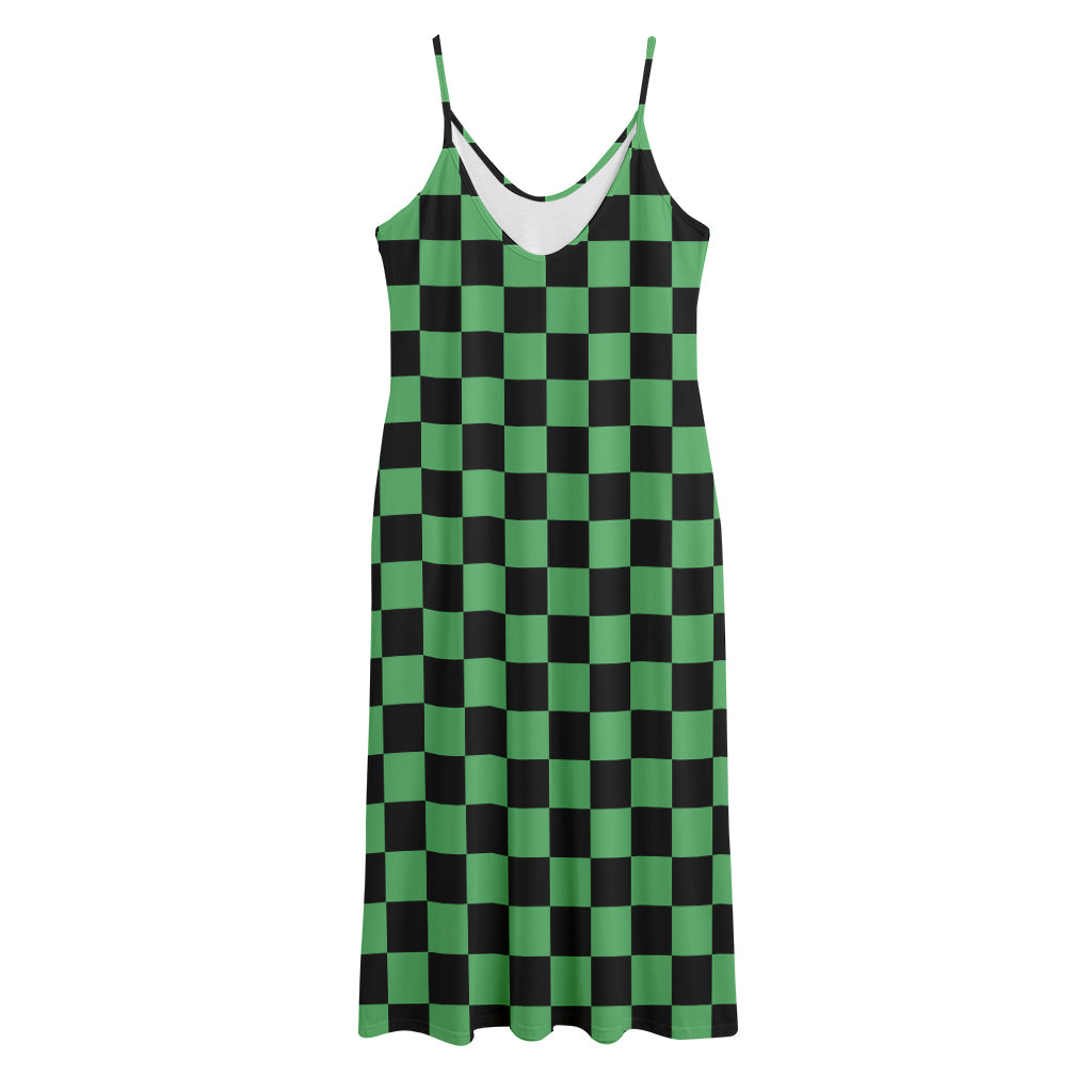 Green And Black Checkered Pattern Print Jersey Midi Cami Dress