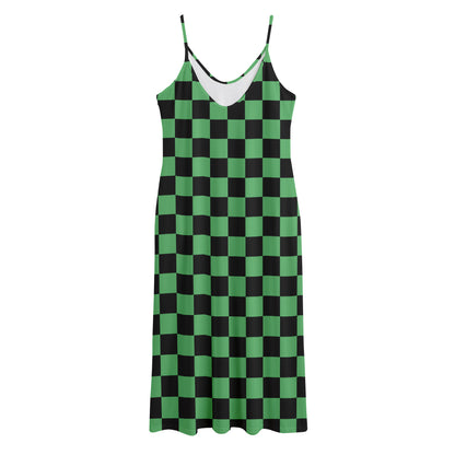 Green And Black Checkered Pattern Print Jersey Midi Cami Dress
