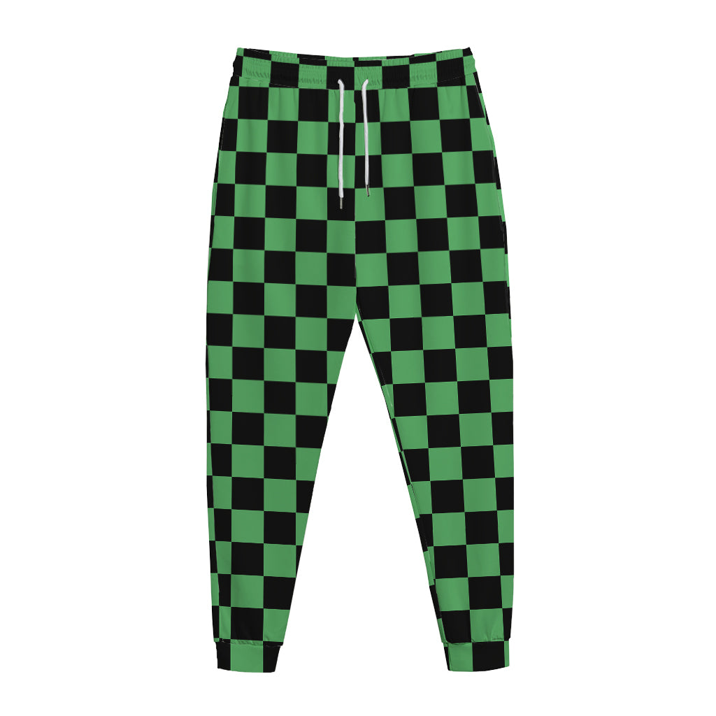 Green And Black Checkered Pattern Print Jogger Pants