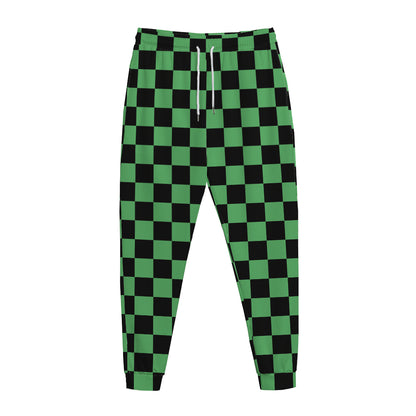 Green And Black Checkered Pattern Print Jogger Pants