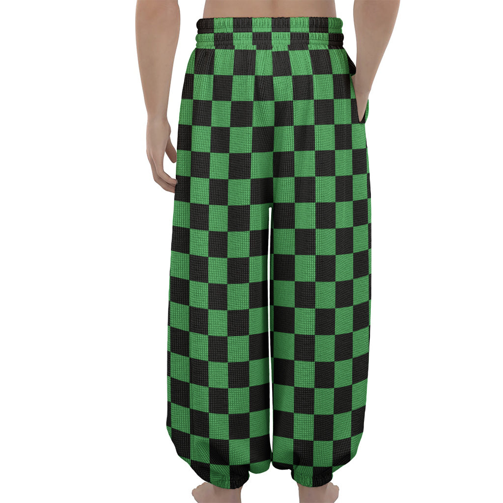 Green And Black Checkered Pattern Print Lantern Pants