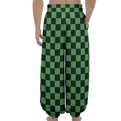 Green And Black Checkered Pattern Print Lantern Pants