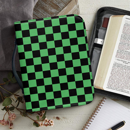 Green And Black Checkered Pattern Print Leather Bible Cover