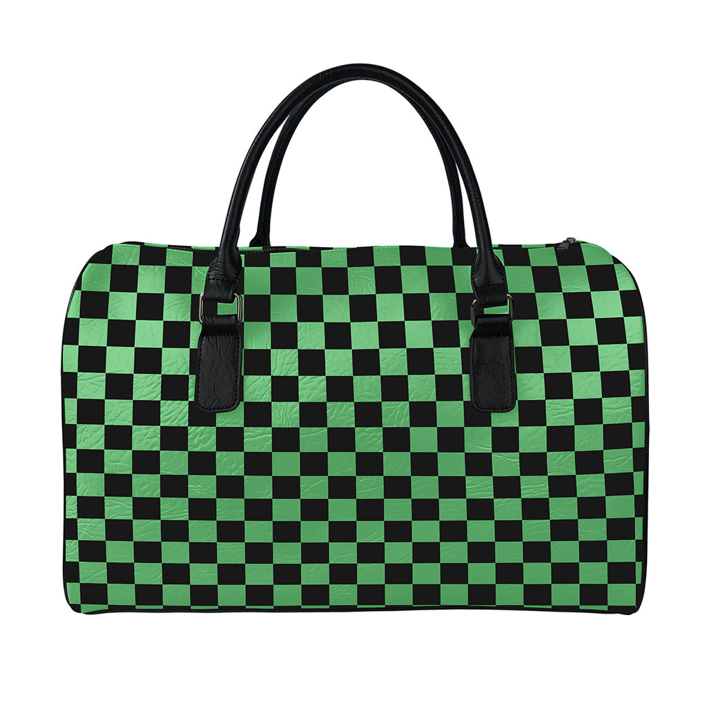 Green And Black Checkered Pattern Print Leather Duffle Bag