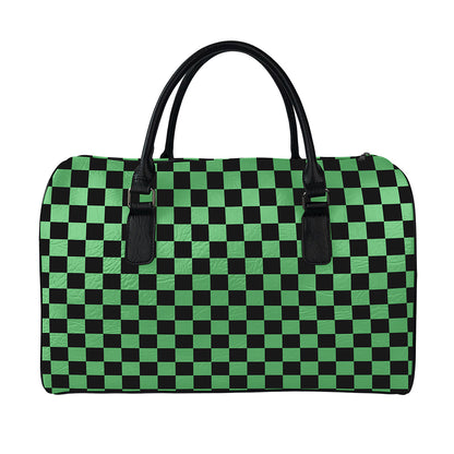 Green And Black Checkered Pattern Print Leather Duffle Bag