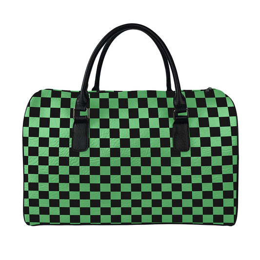 Green And Black Checkered Pattern Print Leather Duffle Bag