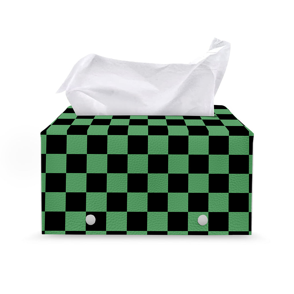 Green And Black Checkered Pattern Print Leather Tissue Box Cover