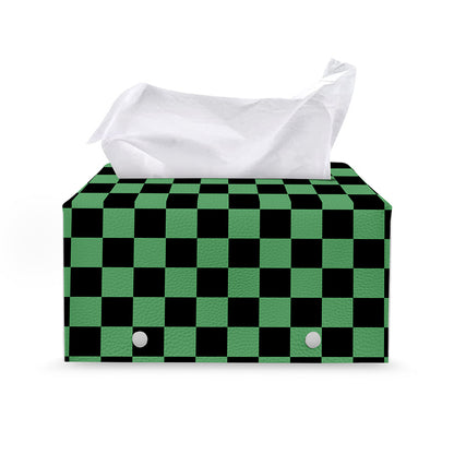 Green And Black Checkered Pattern Print Leather Tissue Box Cover