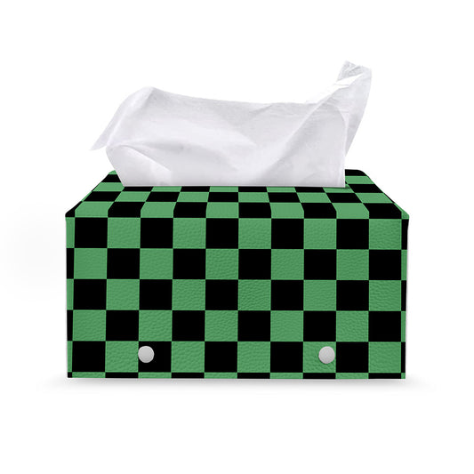 Green And Black Checkered Pattern Print Leather Tissue Box Cover