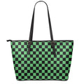 Green And Black Checkered Pattern Print Leather Tote Bag With Zipper