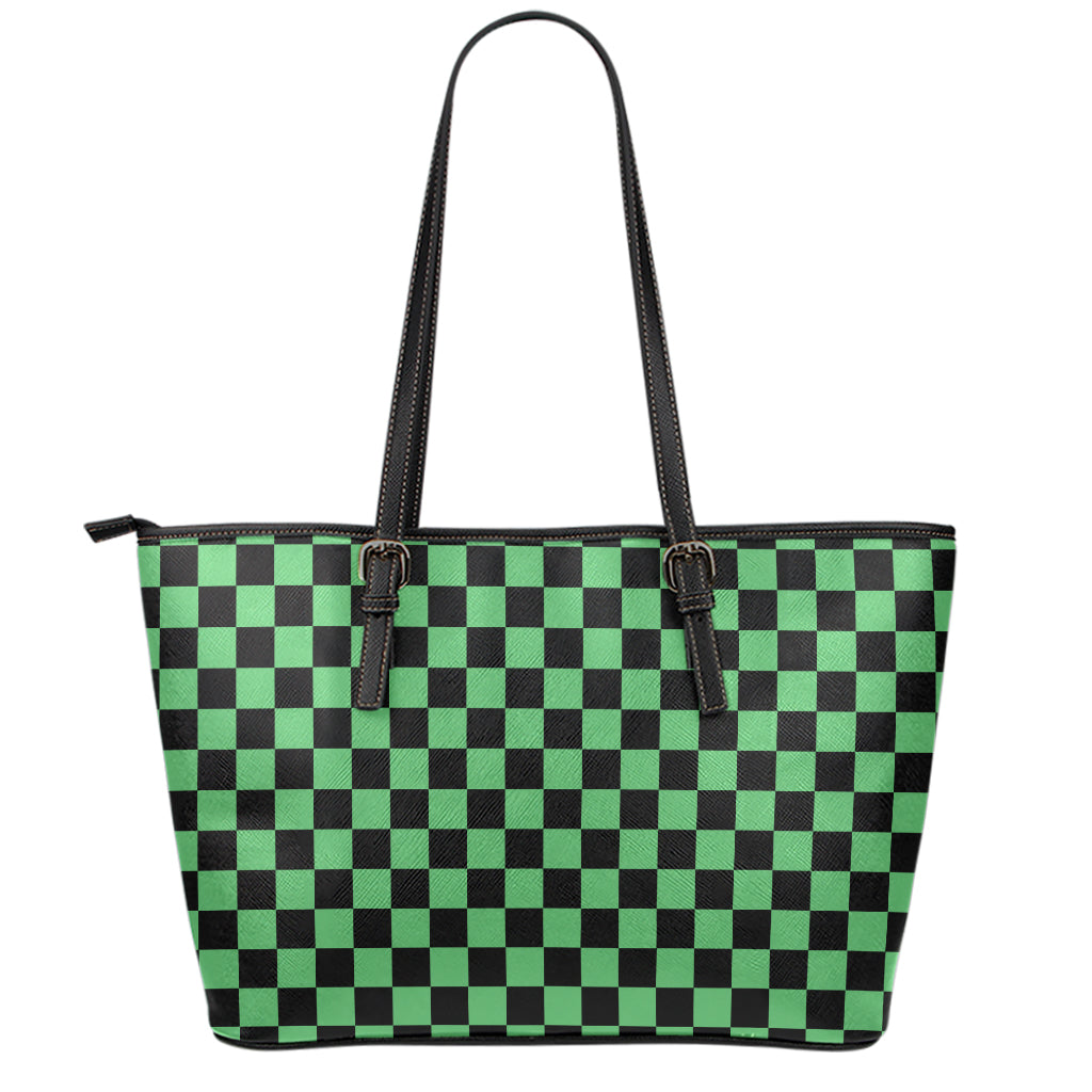 Green And Black Checkered Pattern Print Leather Tote Bag